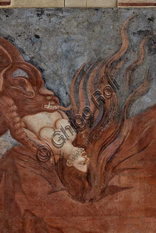 Triumph of Death detail fresco Buffalmacco devil grabbing soul Pisa