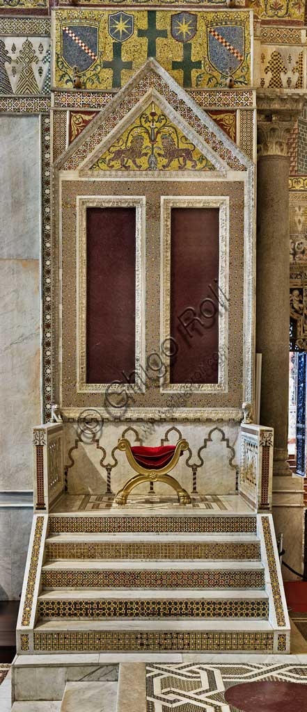 Norman royal throne in the transept of Monreale Cathedral, Palermo, Sicily