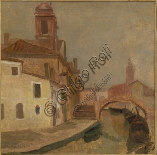 Dipinto Case con chiesa a Chioggia, Ugo Martelli, olio su tela 60x60 cm