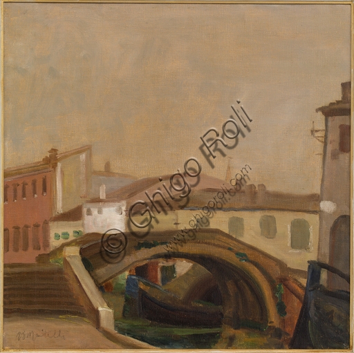 Case con ponte a Chioggia, dipinto olio su tela 60x60 cm di Ugo Martelli, pittore italiano