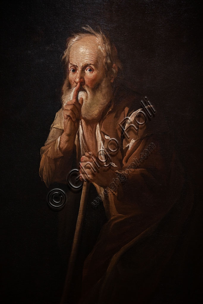 Painting Old Man calling for Silence, Antonio Cifrondi, 1717, oil on canvas, Pinacoteca Tosio Martinengo, Brescia, Italy