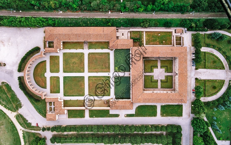 Aerial view of Palazzo Te in Mantua, the Gonzaga's summer residence with gardens and Renaissance architecture