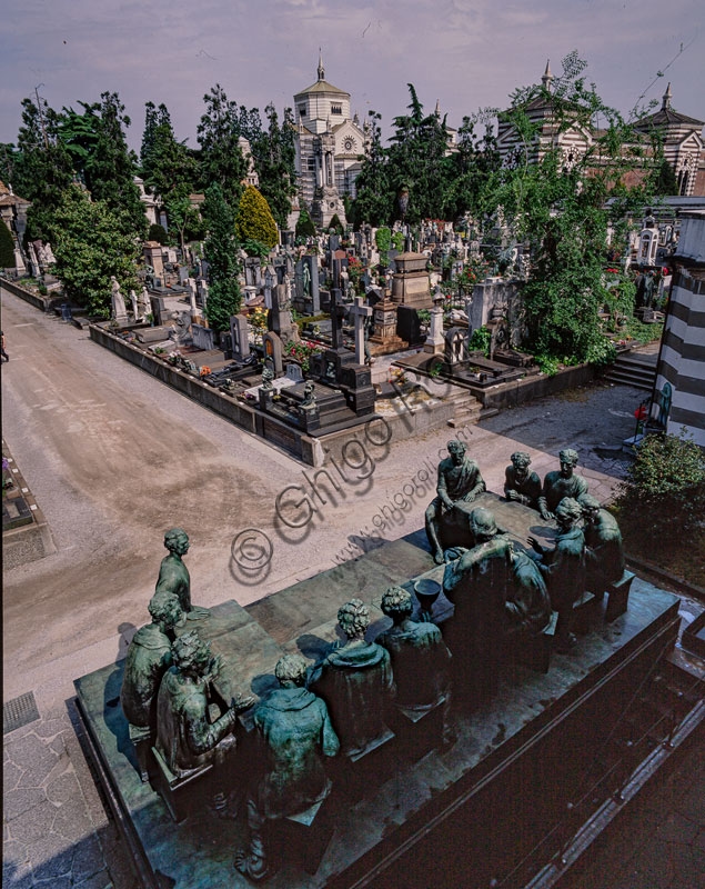 View of the Monumental Cemetery in Milan from the Campari Aedicule: architectural and sculptural panorama