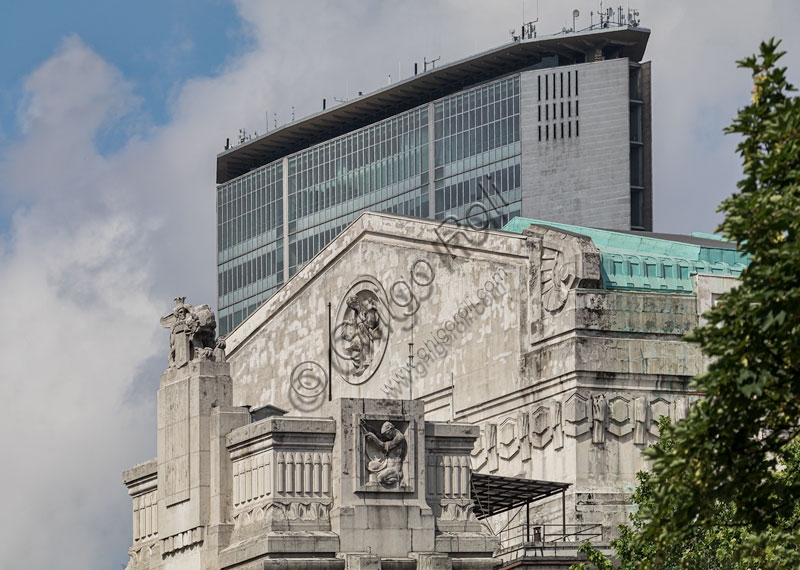 View of the east side of Milan Central Station with the Pirellone skyscraper in the background
