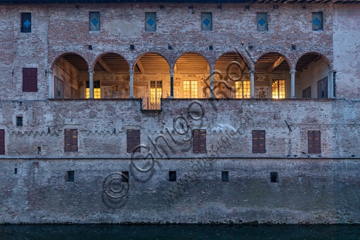 Night view of the lodge of Rocca Sanvitale in Fontanellato, illuminated Renaissance architecture
