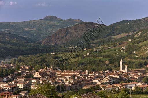Panoramic view of the historic village of Bobbio nestled in the Trebbia Valley