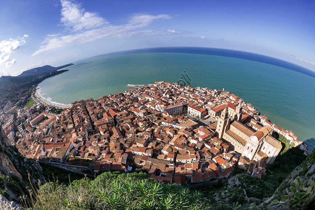 Panoramic view of the town of Cefalù, Sicily, taken from the top of the Stronghold (Castieddu)