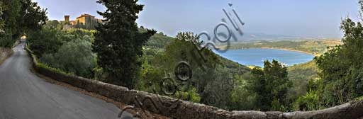 Aerial panoramic view of the Baratti Gulf and the town of Populonia, Tuscan coast