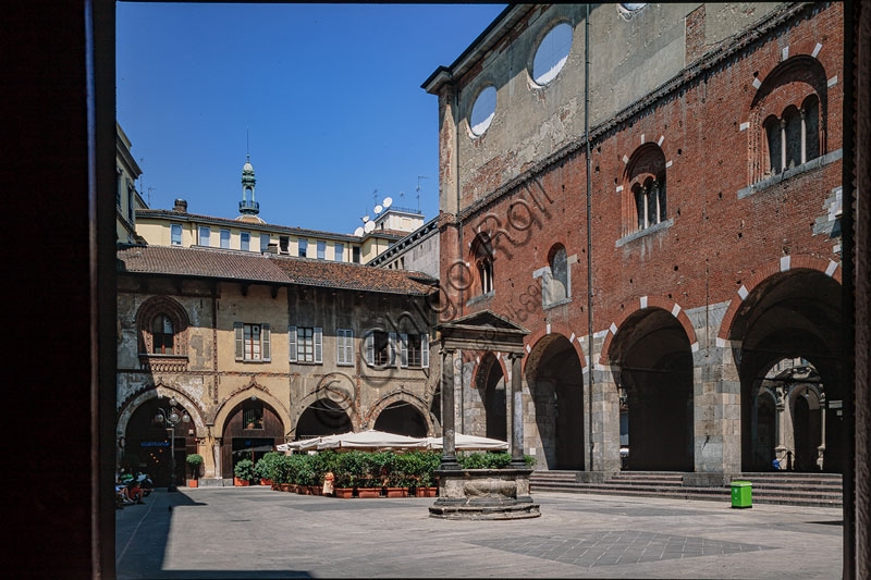 Panoramic view of Piazza dei Mercanti in Milan, medieval and Renaissance architecture