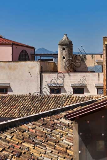 Veduta aerea sui tetti del Palazzo dei Normanni, Palazzo Reale di Palermo, con i suoi caratteristici tetti rossi e la struttura architettonica normanna.