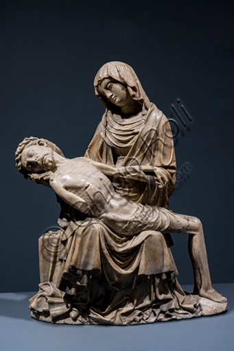 Gothic Vesperbild alabaster sculpture, Lamentation by the Master of Rimini circa 1430