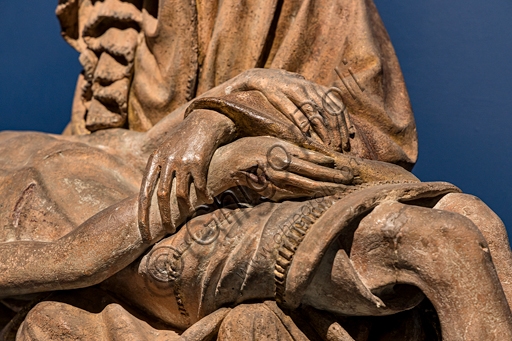 Detail of Vesperbild terracotta sculpture - Crossing hands of the mourning Virgin, Lamentation 1420-30 Upper Swabia