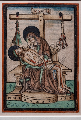 Vesperbild o Pietà tedesca del 1450, xilografia acquarellata con Maria e simboli della Passione di Cristo
