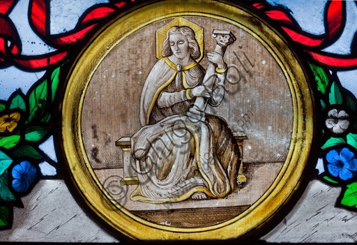 Stained glass window Allegory of Fortitude by Pompeo Bertini, Chapel of St. John the Baptist, Genoa Cathedral