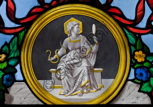 Allegory of Prudence stained glass by Pompeo Bertini, St. John the Baptist Chapel, Genoa Cathedral