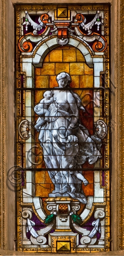 Detail of the stained glass window in the Lercari Chapel (Chapel of the Blessed Sacrament), Genoa Cathedral