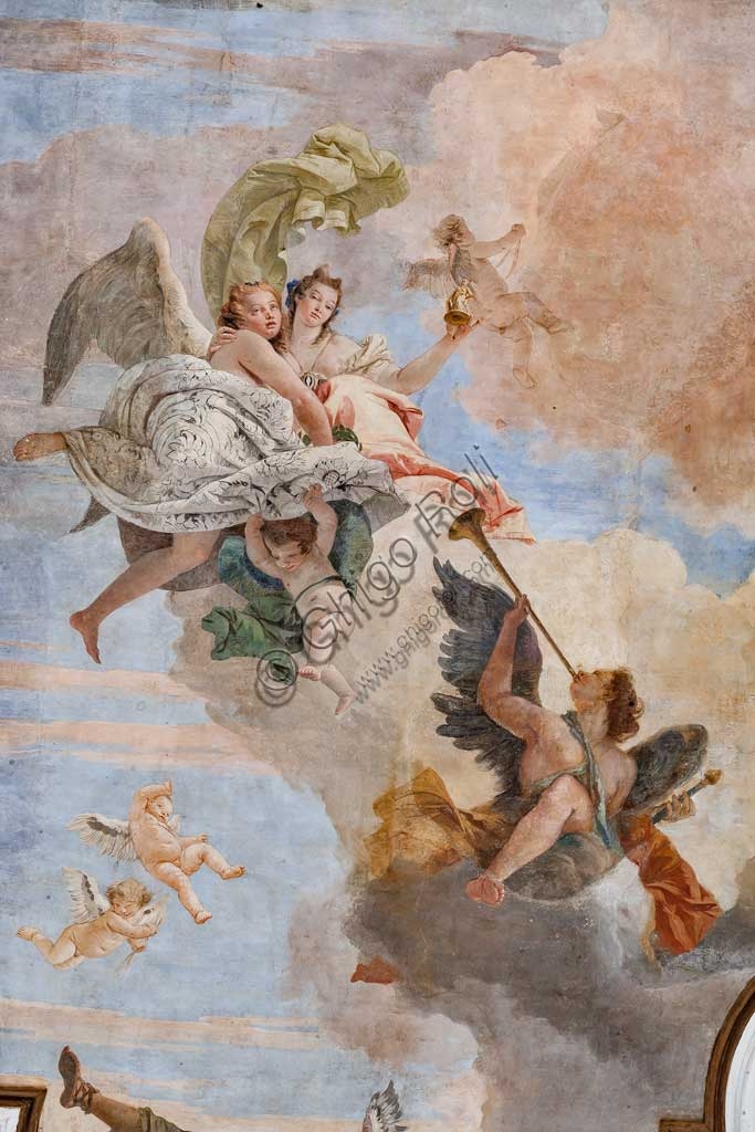 Dettaglio affresco Tiepolo: Angelo che suona strumento musicale nel soffitto di Villa Cordellina