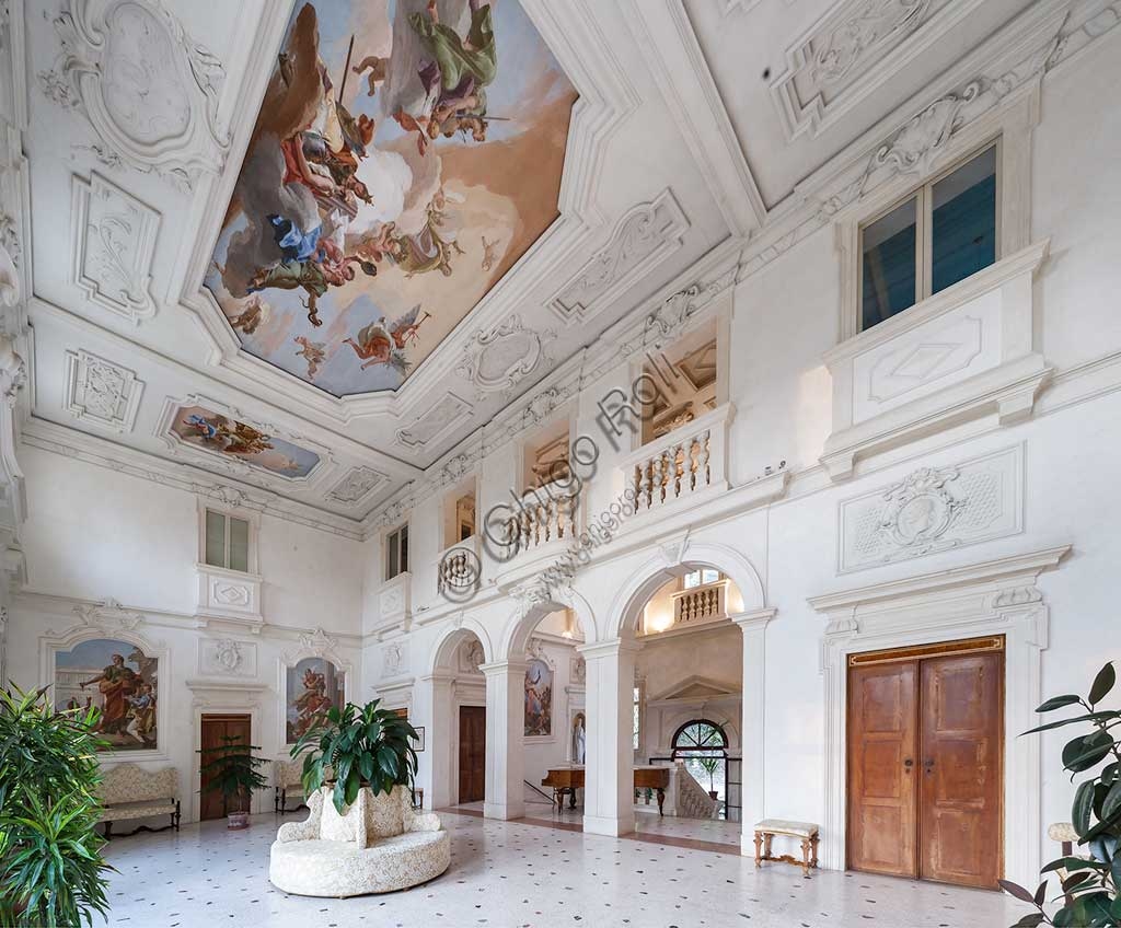 View of the Hall of Honour in Villa Loschi Motterle with the allegorical frescoes by Giambattista Tiepolo, 1734. Example of Venetian villa art and architecture.