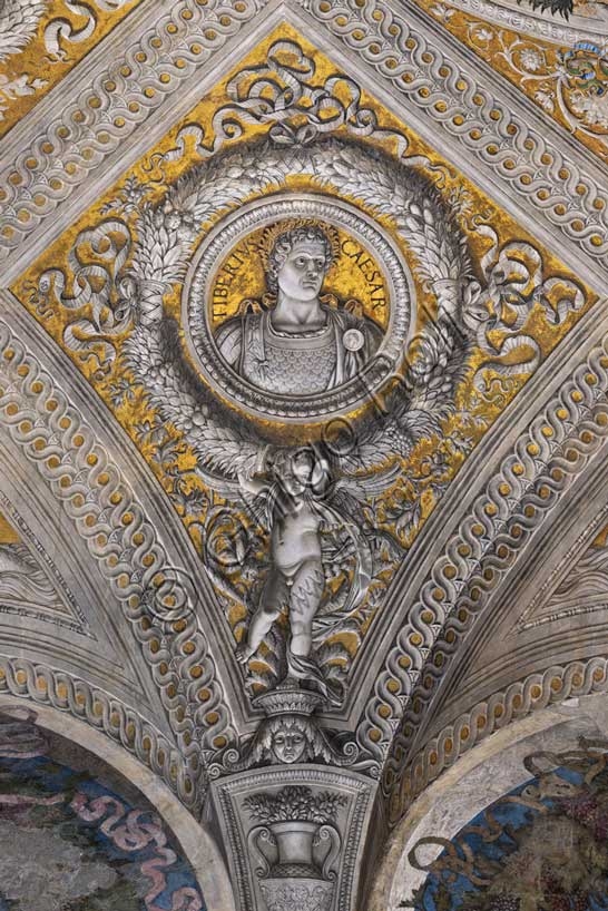 Detail of the vault in the Camera Picta, Mantua: golden lozenge with portrait of Tiberius