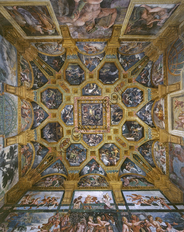 Veduta della volta affrescata della Camera di Psiche, Palazzo Te Mantova, con scene di Amore e Psiche