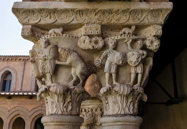 Capital N9, Monreale Cathedral Cloister: 12th-Century Soldiers & Lion Fight