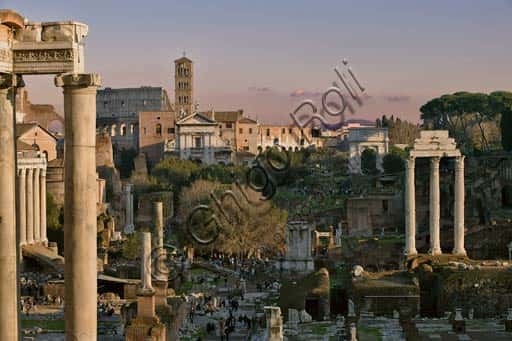 View of the Roman Forum: Temple of Saturn, Colosseum in Rome