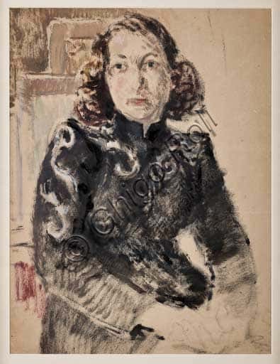 Dipinto "Ragazza in nero" di Giovanni Forghieri, olio su carta