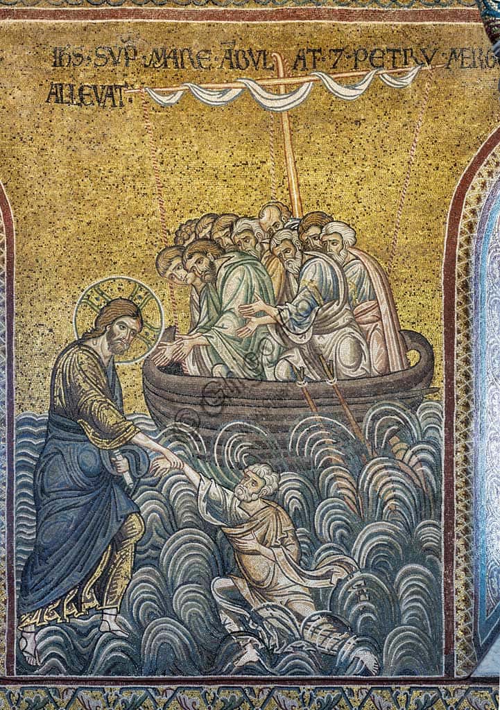 Byzantine Mosaic in Monreale Cathedral: Jesus Rescuing St. Peter