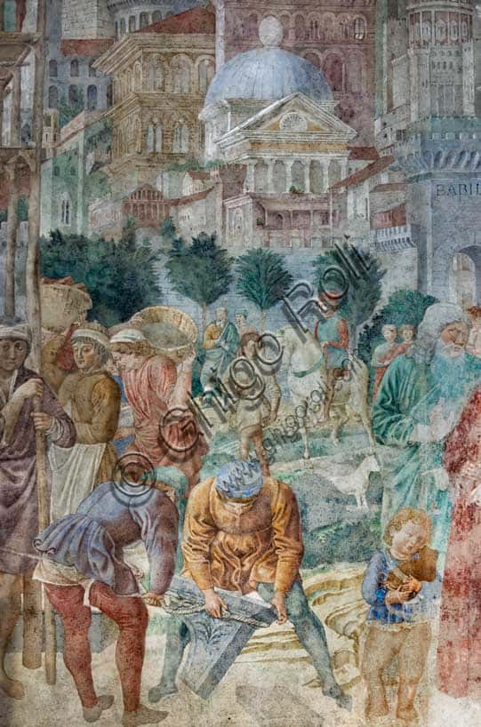 Particolare dell'affresco della Torre di Babele di Benozzo Gozzoli a Pisa