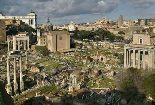 View of the Roman Forum: Vesta Temple, Arch of Septimius Severus and Ancient Temples