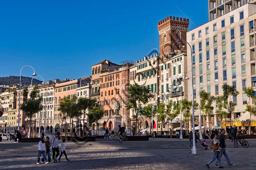 View of Piazza Caricamento in Genoa: Historic Square and Harbor