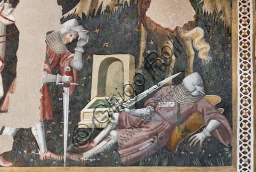 Detail of chivalric fresco with horse and knights, Painted Room, Rocca Albornoz fortress, Spoleto
