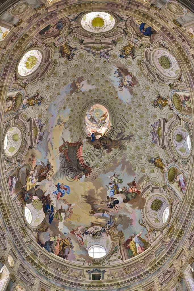 Detail of The Assumption of Mary fresco in the Vicoforte Sanctuary dome, with allegorical figures and chiaroscuro effects