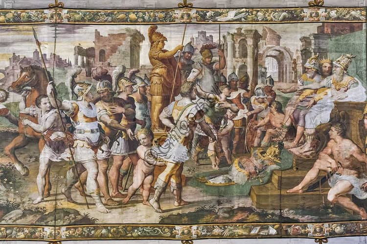 Fresco of the vault of the Salone di Ulisse in Bergamo: Ulysses and Ajax compete for the armor of Achilles