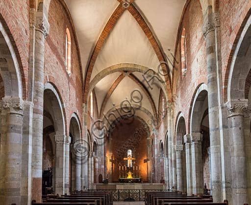 Perspective view of the central nave in the S. Savino Basilica, Piacenza, Emilia-Romagna, Italy