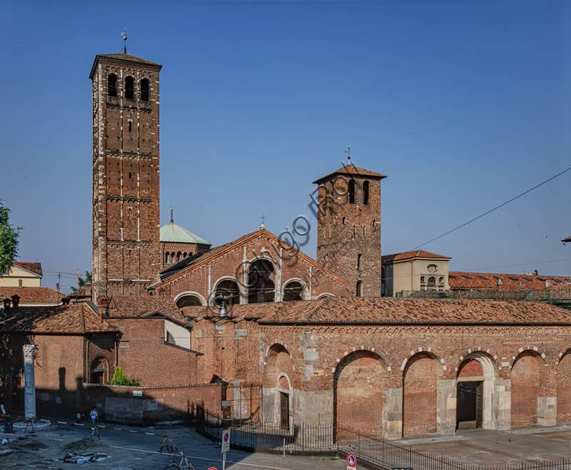 View of the Basilica of St. Ambrose in Milan with atrium and bell towers