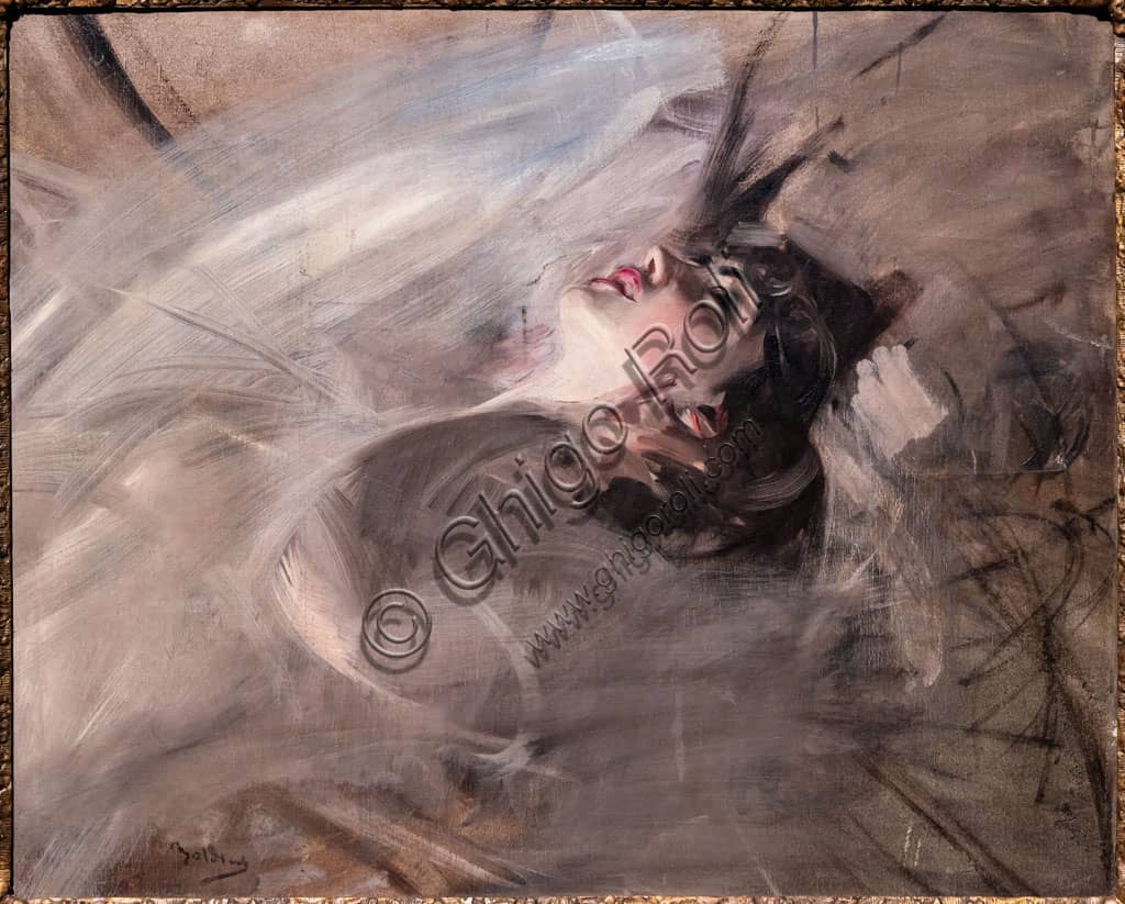 Painting Half Length of Young Woman lying down by Giovanni Boldini, oil on canvas 1901