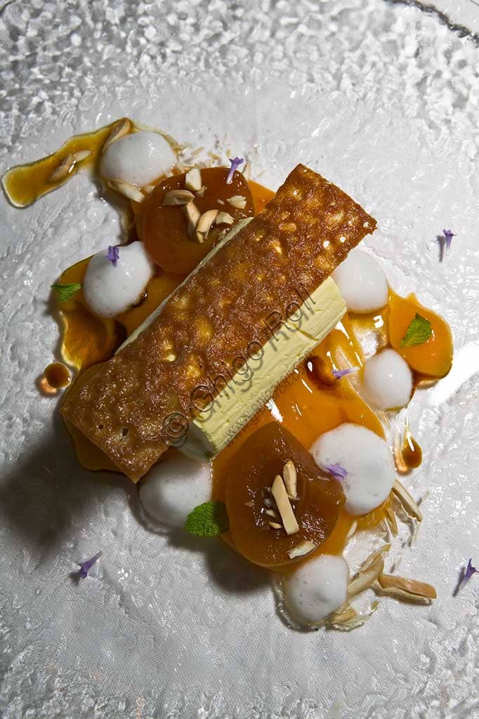 Italian dessert with ice cream, cream, candied fruit and brittle on a plate