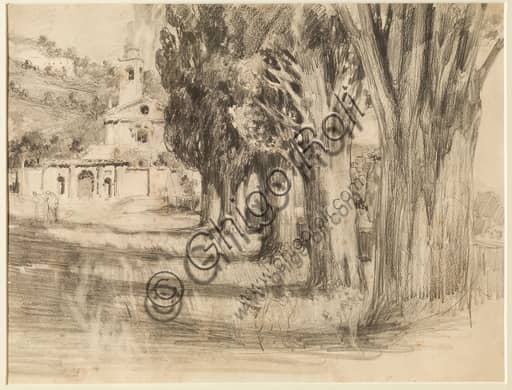 Disegno a matita Paesaggio con chiesa di Giuseppe Mentessi, artista italiano di Ferrara