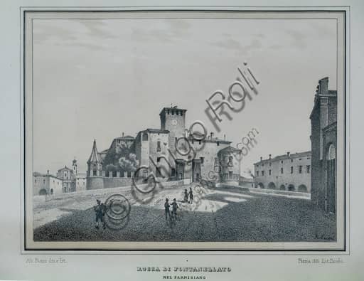 Nineteenth century historical print showing the Rocca Sanvitale fortress in Fontanellato, Italy