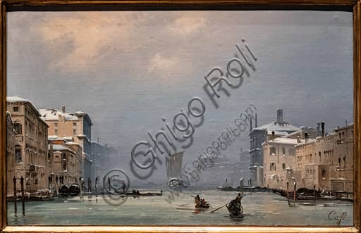 Painting Snow and Fog on the Grand Canal by Ippolito Caffi, oil on canvas 1849, winter landscape of Venice Italy