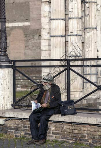 Architectural view of Trajan's Market in Rome with a traveller figure in the Roman Forum