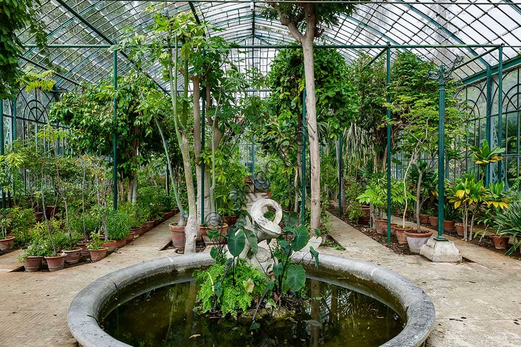 Architectural partial view of an iron and glass greenhouse in the Palermo Botanical Garden, featuring 19th-century structure and lush vegetation