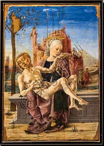 Painting Lamentation by Cosmé Tura with detail of the monkey in the tree