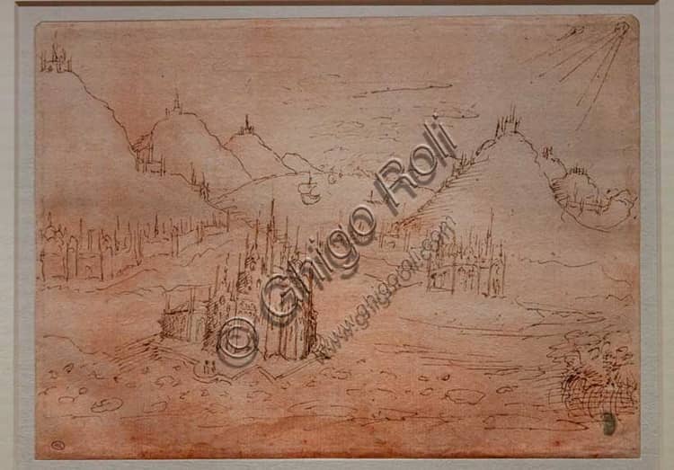 Pisanello drawing gothic churches mountainous landscape pen and brown ink