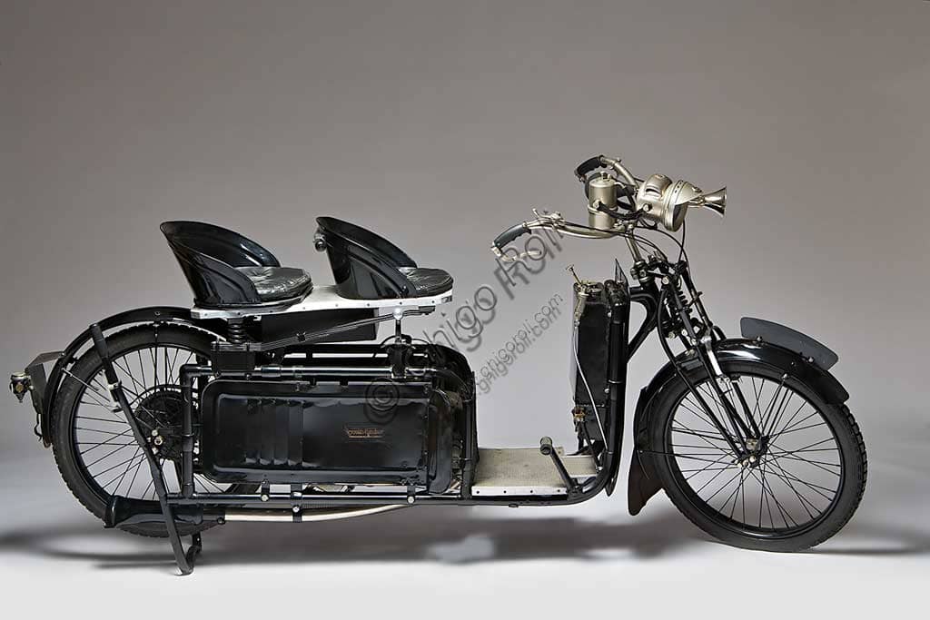 Restored 1921 Reynolds Runabout vintage scooter, British model with under-seat engine and full body panels
