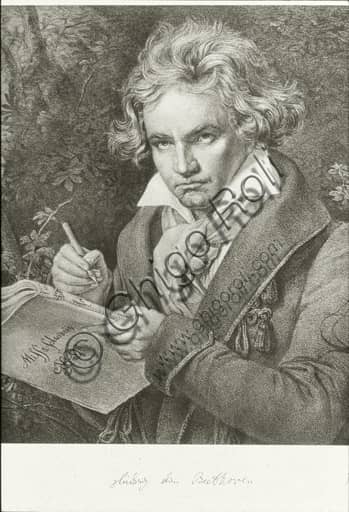Portrait drawing of composer Ludwig van Beethoven in pencil and charcoal on paper
