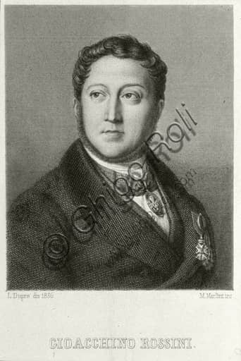 Engraved portrait of composer Gioacchino Rossini, work by Augustin Dupré