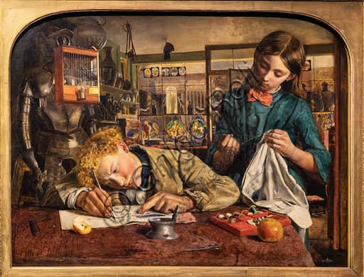 Dipinto Kit's Writing Lesson di Robert Braithwaite Martineau, olio su tela 1852