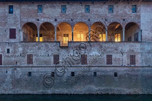 Night view of the lodge of Rocca Sanvitale in Fontanellato, illuminated Renaissance architecture